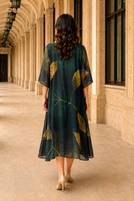 Rochie mărime mare verde închis din satin cu imprimeu floral [4]