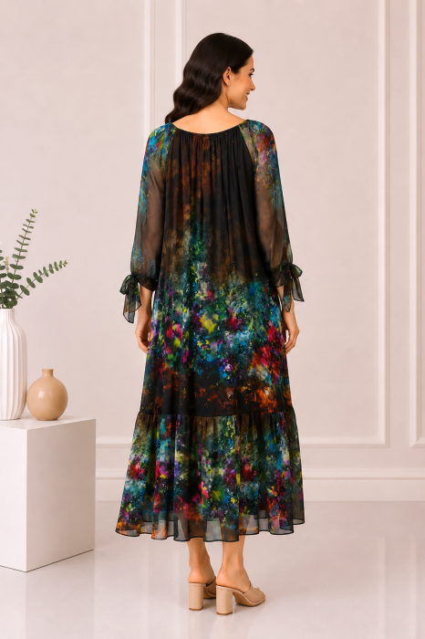 Rochie maro de vară din mătase naturală cu imprimeu abstract [4]