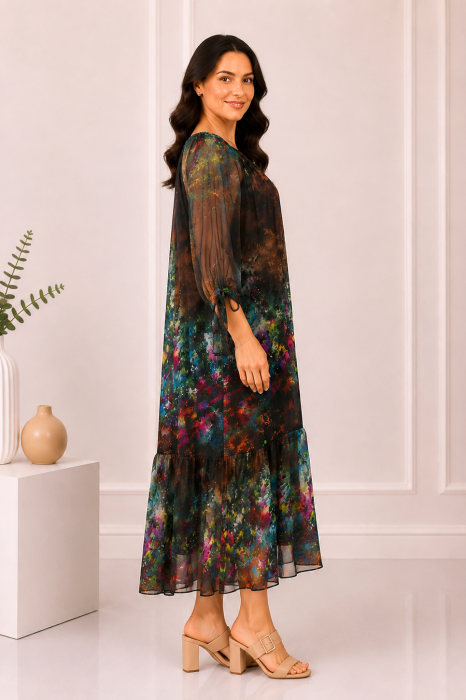 Rochie maro de vară din mătase naturală cu imprimeu abstract [2]