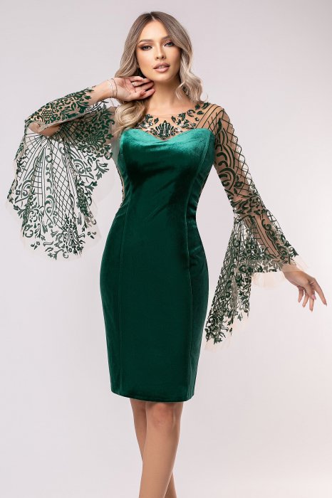 Rochie Marta verde din catifea cu maneci largi [5]
