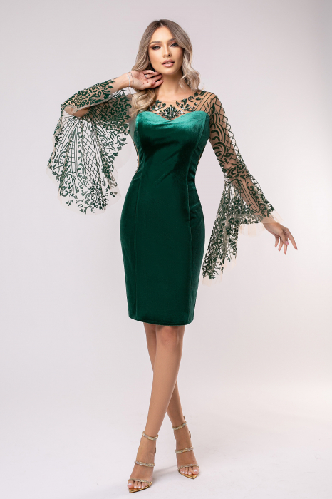 Rochie Marta verde din catifea cu maneci largi [2]