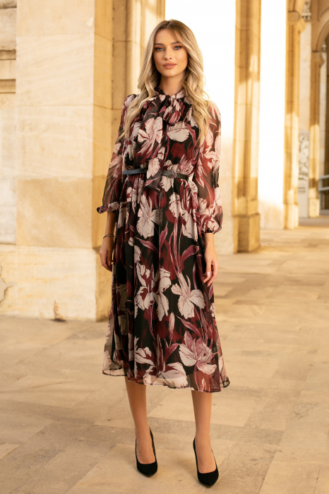 Rochie Mevi bordo din mătase cu imprimeu floral [3]