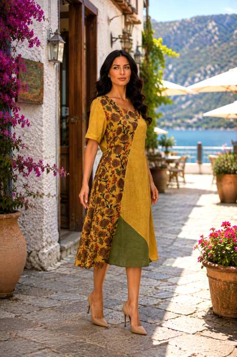 Rochie midi muștar în stil boho cu imprimeu floral [2]