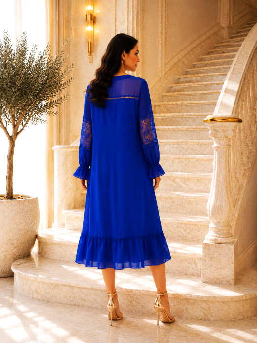 Rochie midi albastru regal cu dantelă și mâneci transparente [3]