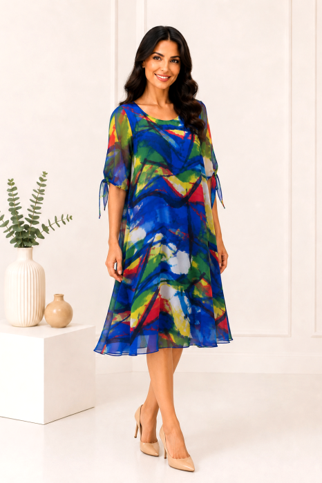 Rochie midi albastru regal cu imprimeu floral și mâneci vaporoase [2]