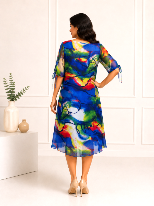 Rochie midi albastru regal cu imprimeu floral și mâneci vaporoase [3]