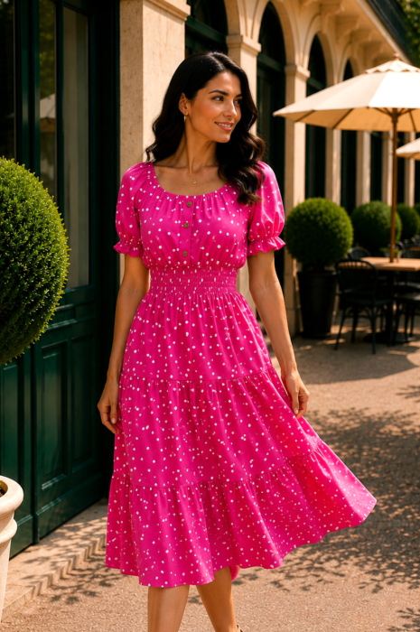 Rochie midi fucsia de vara imprimata cu buline