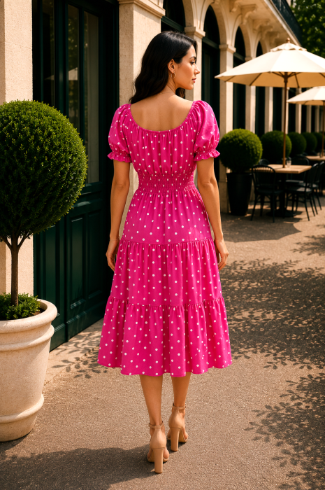 Rochie midi fucsia de vară imprimată cu buline [3]
