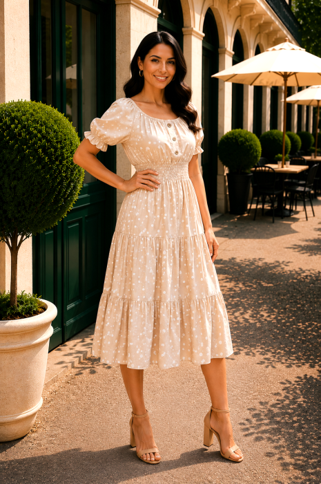 Rochie midi bej deschis de vară imprimată cu buline [2]