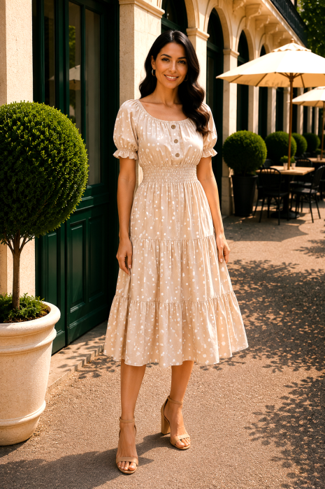Rochie midi bej deschis de vara imprimata cu buline