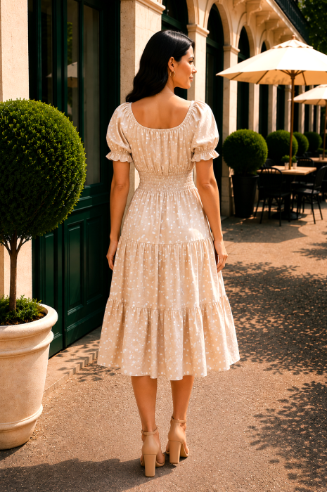 Rochie midi bej deschis de vară imprimată cu buline [4]