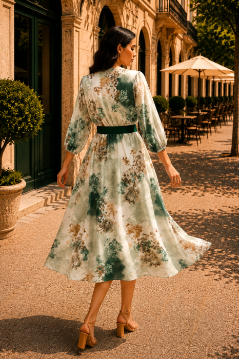 Rochie midi cu imprimeu floral verde și curea in talie [4]