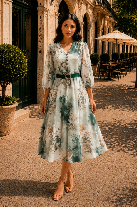 Rochie midi cu imprimeu floral verde și curea in talie [2]