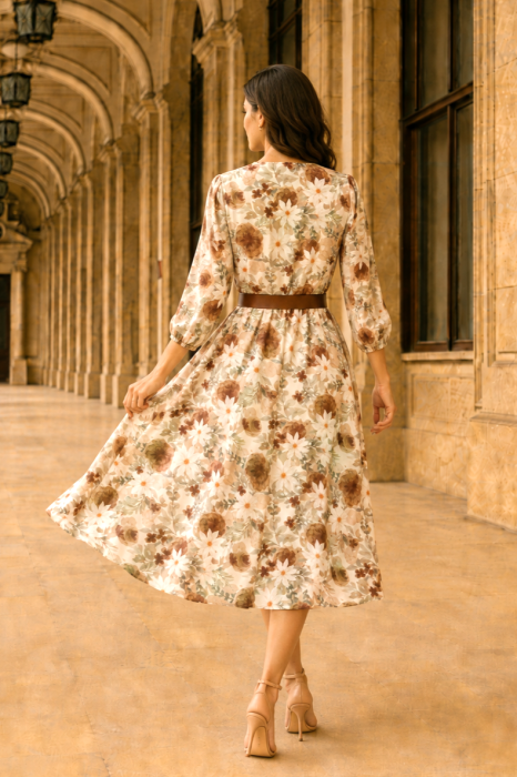 Rochie midi cu imprimeu floral maro și curea in talie [4]