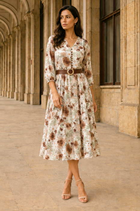 Rochie midi cu imprimeu floral maro și curea in talie [3]