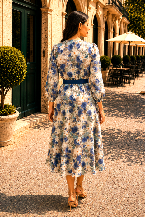 Rochie midi cu imprimeu floral albastru și curea in talie [4]