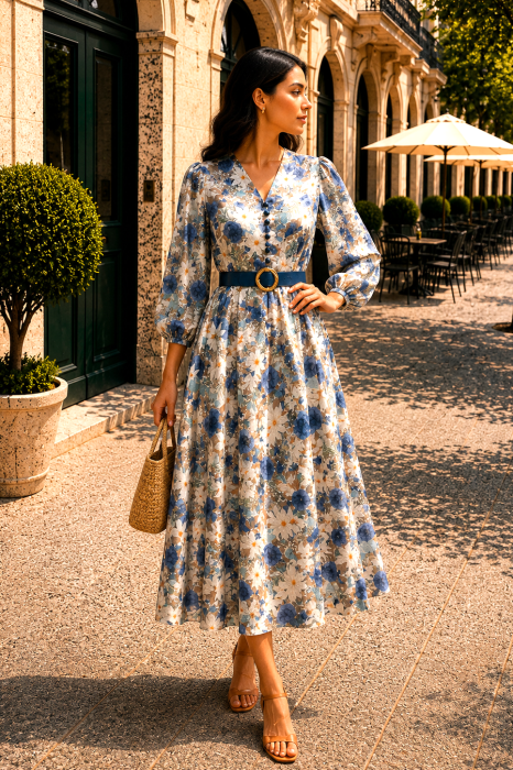 Rochie midi cu imprimeu floral albastru și curea in talie [2]