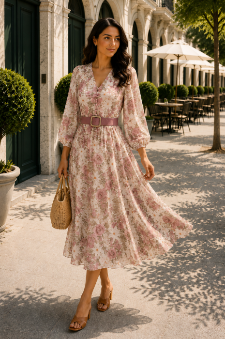 Rochie midi cu imprimeu floral roz pudră și curea in talie [5]