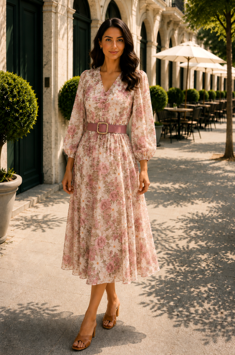 Rochie midi cu imprimeu floral roz pudră și curea in talie [2]