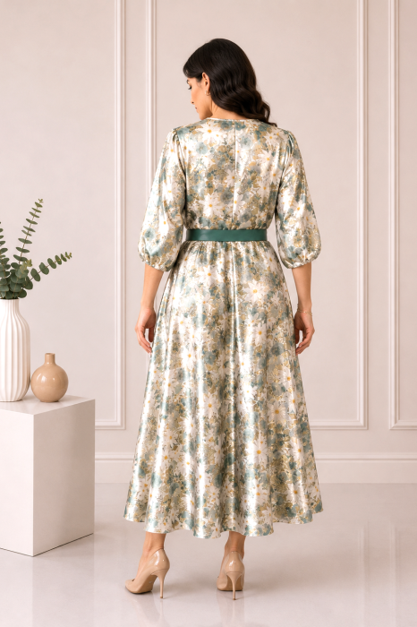 Rochie midi din satin cu imprimeu floral verde și curea in talie [2]