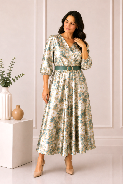 Rochie midi din satin cu imprimeu floral verde și curea in talie [3]