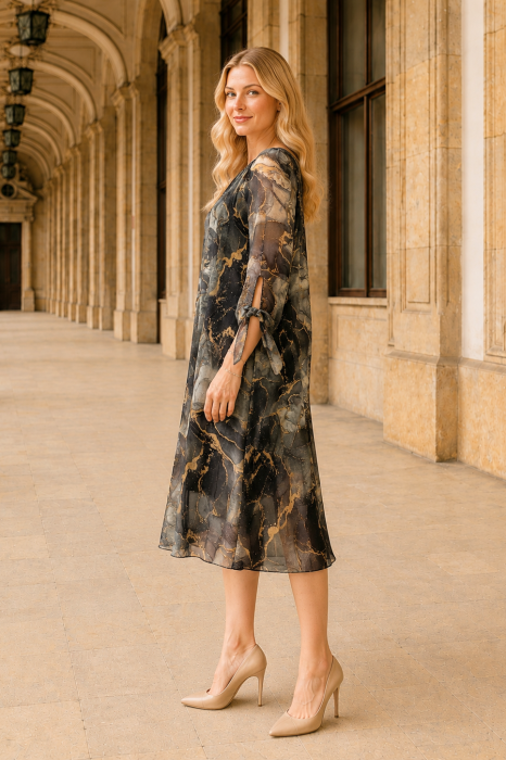 Rochie midi din mătase cu imprimeu negru [2]