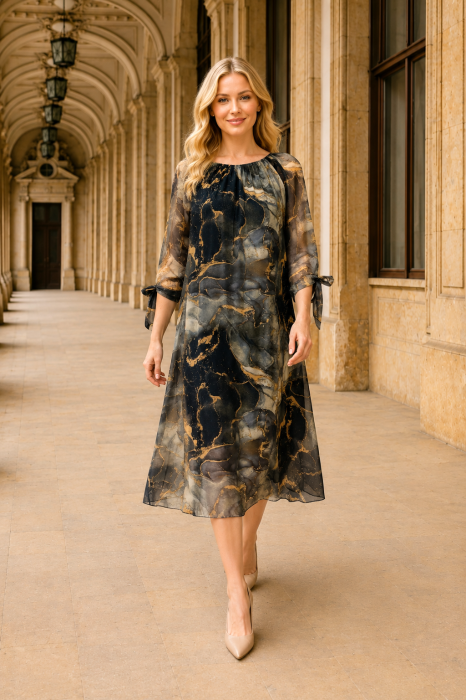 Rochie midi din mătase cu imprimeu negru [5]