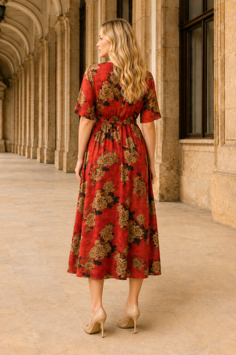 Rochie midi din mătase roșie cu imprimeu floral [3]