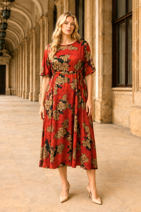 Rochie midi din mătase roșie cu imprimeu floral [4]