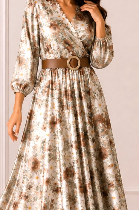 Rochie midi din satin cu imprimeu floral maro și curea in talie [4]