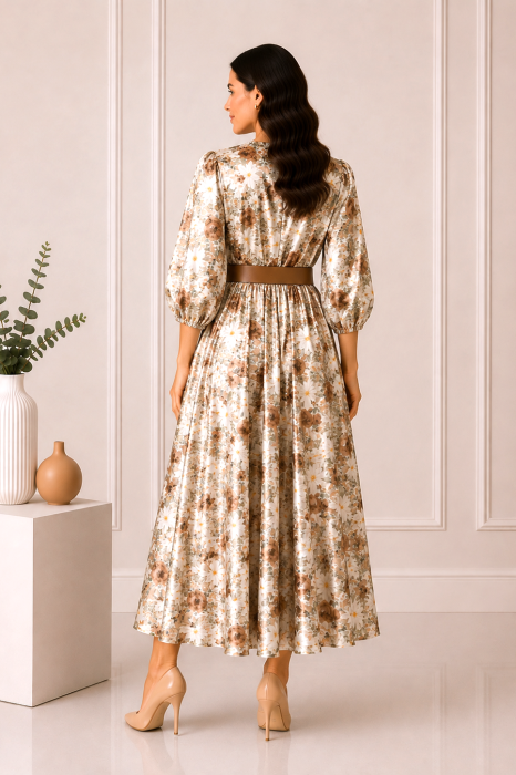 Rochie midi din satin cu imprimeu floral maro și curea in talie [3]