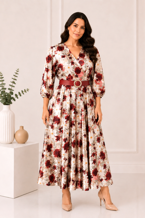 Rochie midi din satin cu imprimeu floral roșu și curea in talie [4]