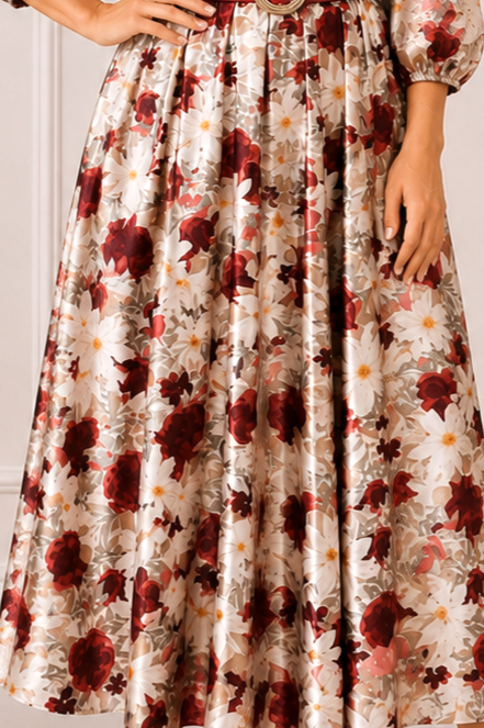 Rochie midi din satin cu imprimeu floral roșu și curea in talie [5]