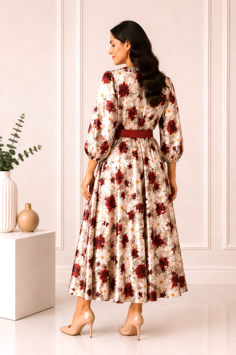 Rochie midi din satin cu imprimeu floral roșu și curea in talie [3]