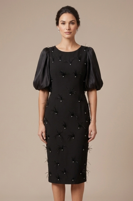 Rochie neagră elegantă accsorizată cu pene [4]