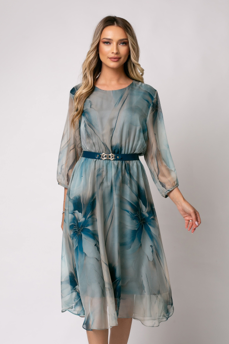 Rochie midi marime mare cu imprimeu floral albastru degrade
