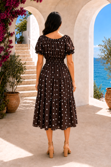 Rochie midi maro de vară imprimată cu buline [3]