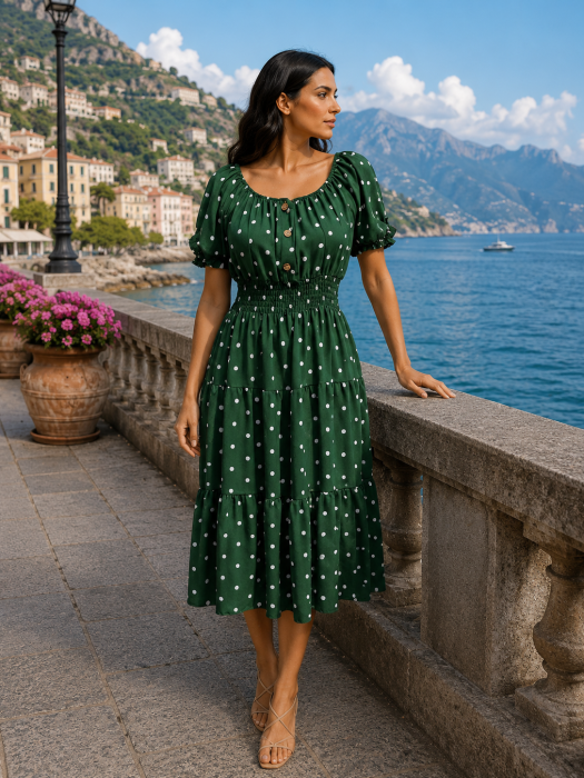 Rochie midi verde de vară imprimată cu buline [3]