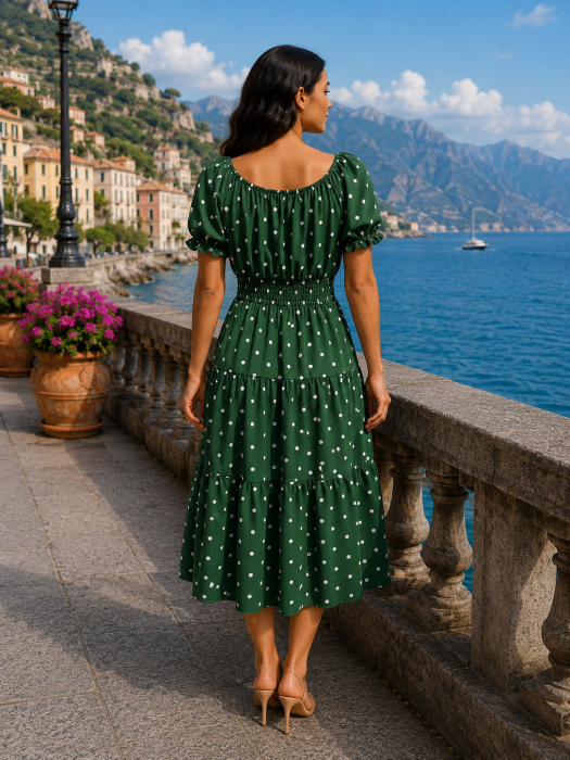Rochie midi verde de vară imprimată cu buline [2]