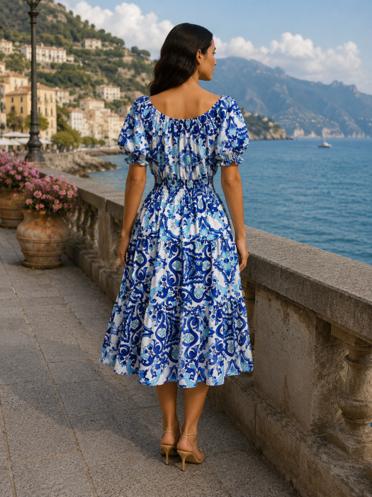 Rochie midi bleu de vară imprimată [3]