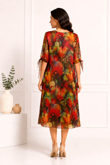 Rochie midi roșie cu imprimeu floral și mâneci vaporoase [3]