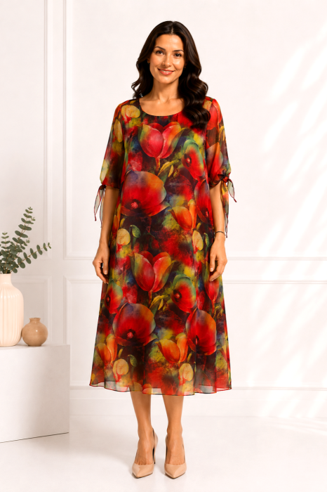 Rochie midi roșie cu imprimeu floral și mâneci vaporoase [2]