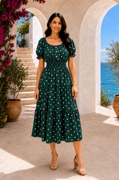 Rochie midi verde de vară imprimată cu buline [4]