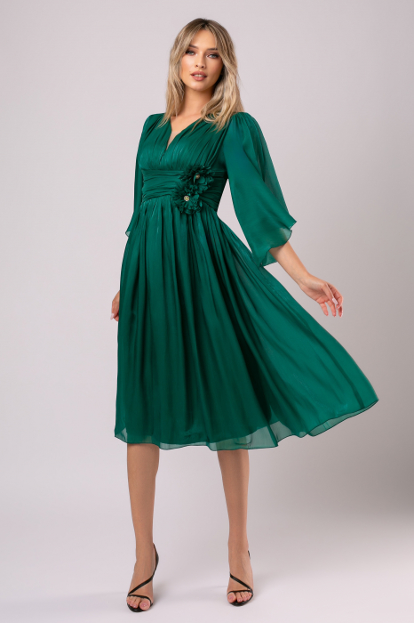 Rochie midi verde smarald de ocazie cu floare 3D [2]