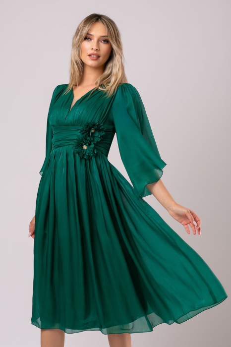 Rochie midi verde smarald de ocazie cu floare 3D [5]