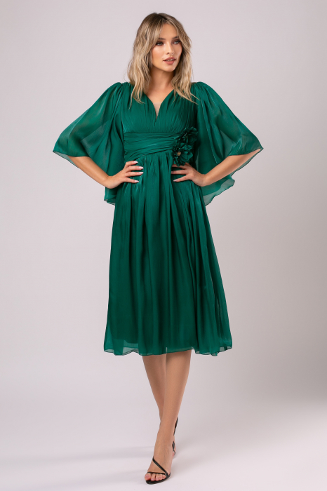 Rochie midi verde smarald de ocazie cu floare 3D [4]