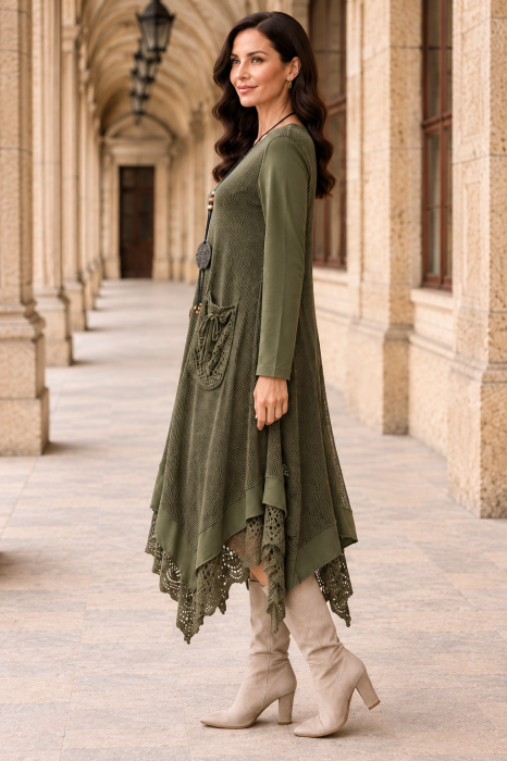 Rochie midi kaki stil boho, croșetată din bumbac și vâscoză [2]