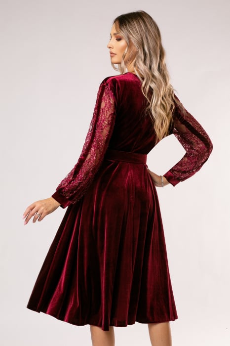 Rochie Mișa vișnie din catifea cu mâneci din dantelă și curea în talie [3]