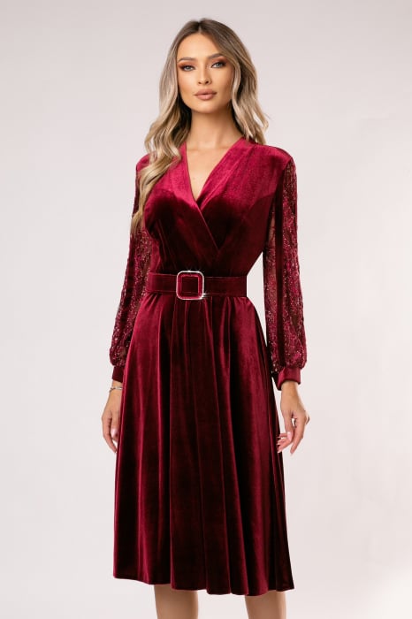 Rochie Mișa vișnie din catifea cu mâneci din dantelă și curea în talie [2]