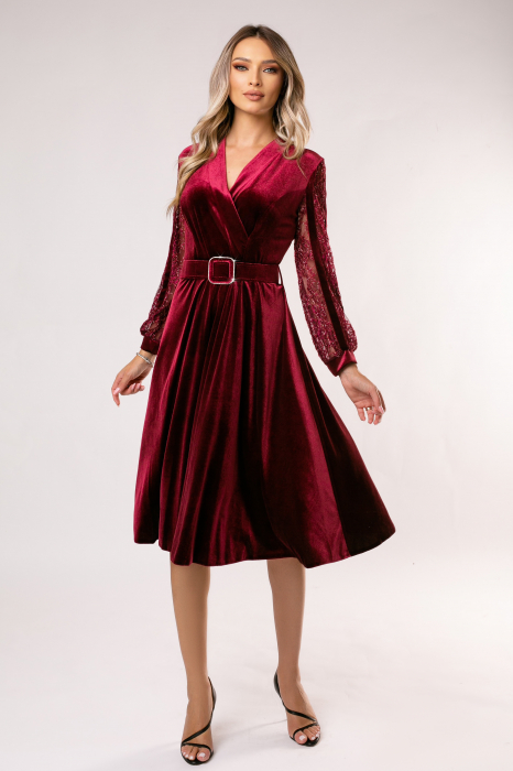 Rochie Mișa vișnie din catifea cu mâneci din dantelă și curea în talie [4]